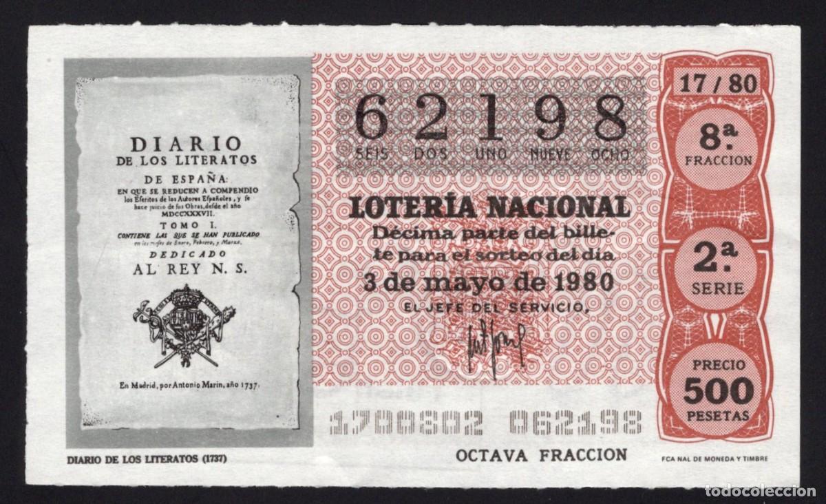 Loter&iacute;a nacional: L. Nacional 3 Mayo 1980. Diario de Literatos. n&ordm; 62198. Admon. 53. Madrid. Desaparecida