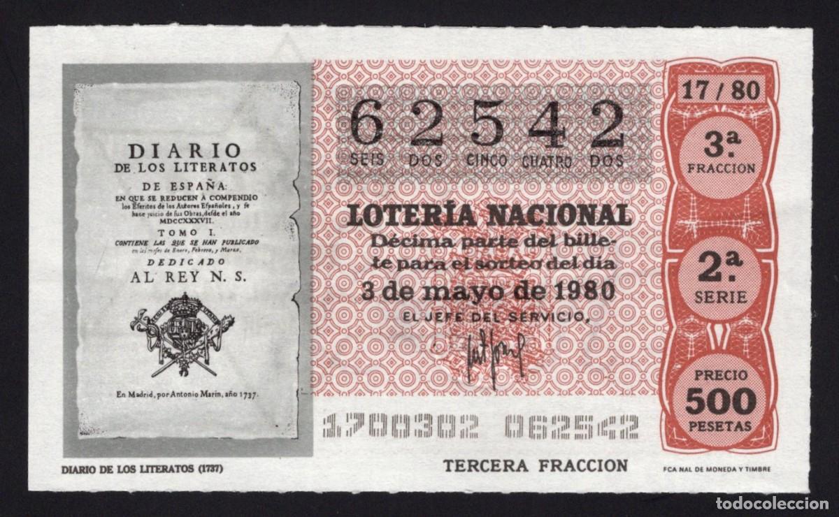 Loter&iacute;a nacional: L. Nacional 3 Mayo 1980. Diario de Literatos. n&ordm; 62542. Admon. 110 La Estrella. Madrid. Desaparecida