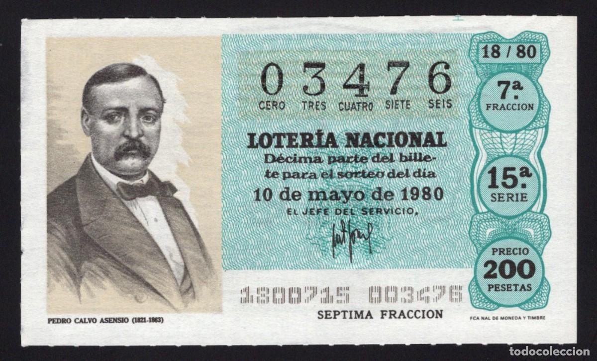 Loter&iacute;a nacional: L. Nacional 10 Mayo 1980. Pedro Calvo Asensio. N&ordm; 03476. Admon 36 El Carmen. Madrid. Desaparecida.