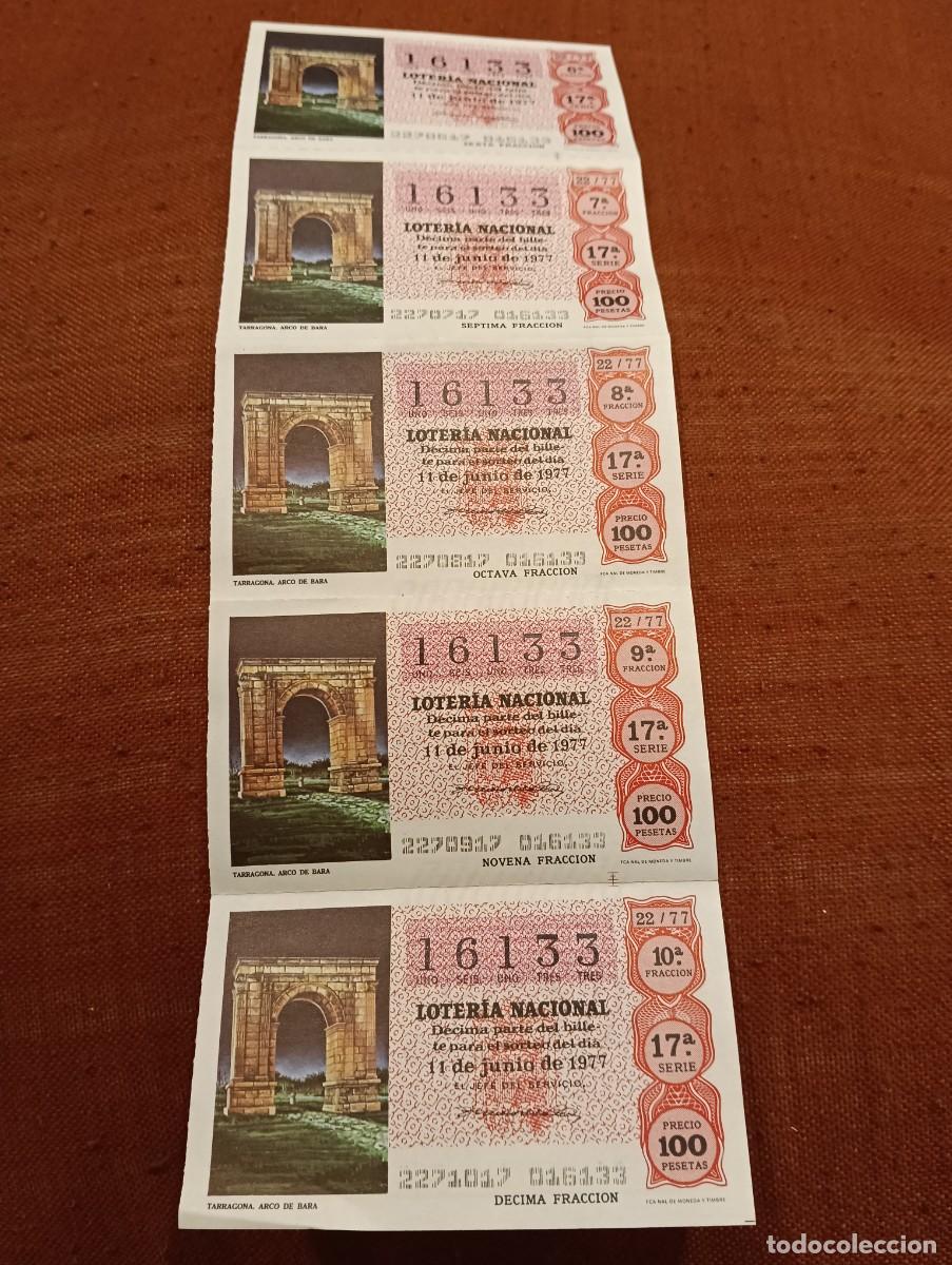Loter&iacute;a nacional: Lote D&eacute;cimos Antiguos Loter&iacute;a Nacional 1977 - Tira Correlativa Arco de Bar&aacute; y Parejas Pilar - Barcel