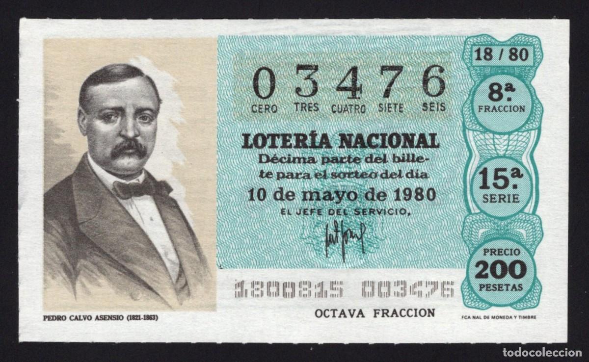 Loter&iacute;a nacional: L. Nacional 10 Mayo 1980. Pedro Calvo Asensio. N&ordm; 03476. Admon 36 El Carmen. Madrid. Desaparecida.