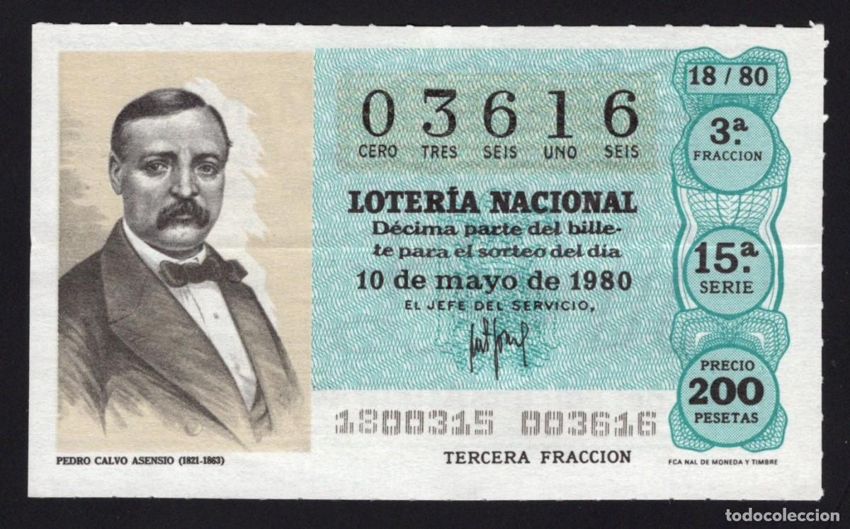 Loter&iacute;a nacional: L. Nacional 10 Mayo 1980. Pedro Calvo Asensio. N&ordm; 03616. Admon. Hna Do&ntilde;a Manolita. Madrid. Desaparec