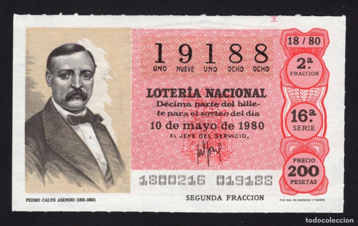 Loter&iacute;a nacional: L. Nacional 10 Mayo 1980. Pedro Calvo Asensio. N&ordm; 19188. Admon 136 Ana. Madrid. Desaparecida.
