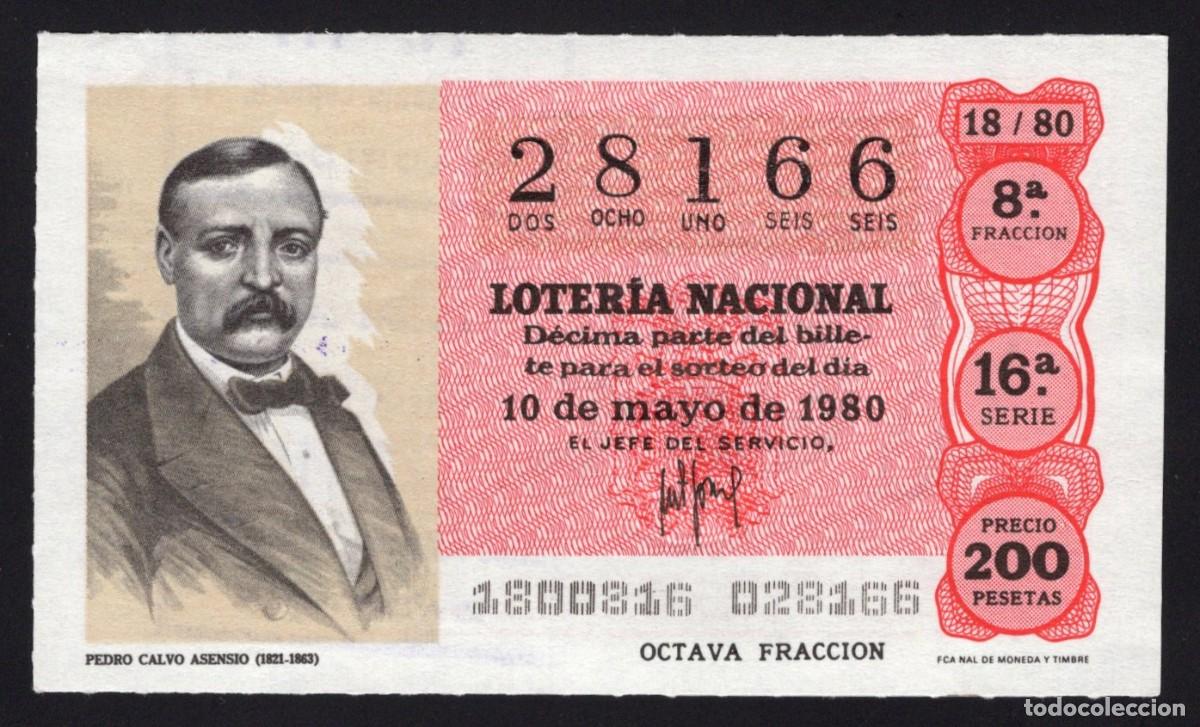 Loter&iacute;a nacional: L. Nacional 10 Mayo 1980. Pedro Calvo Asensio. N&ordm; 28166. Admon 111. Madrid.