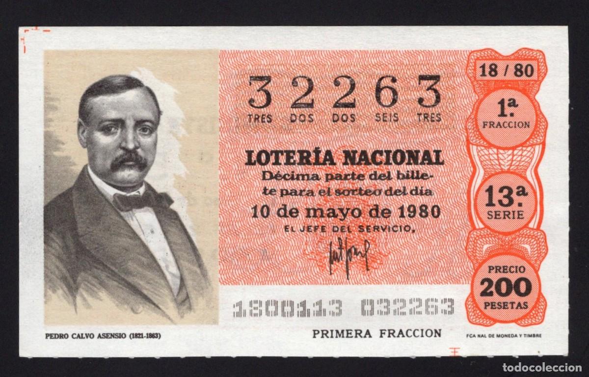 Loter&iacute;a nacional: L. Nacional 10 Mayo 1980. Pedro Calvo Asensio. N&ordm; 32263. Admon 51. Madrid. Desaparecida.