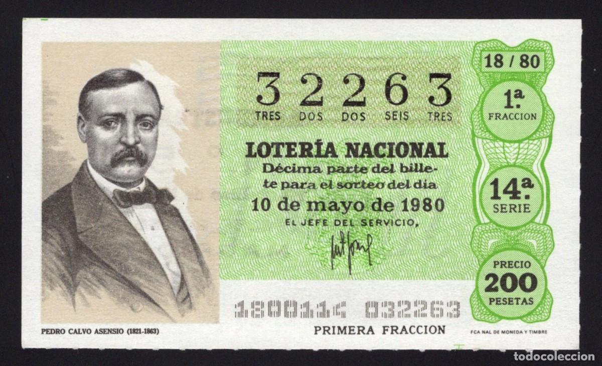 Loter&iacute;a nacional: L. Nacional 10 Mayo 1980. Pedro Calvo Asensio. N&ordm; 32263. Admon 51. Madrid. Desaparecida.