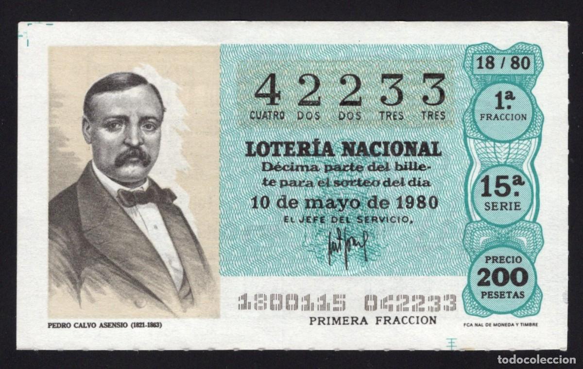 Loter&iacute;a nacional: L. Nacional 10 Mayo 1980. Pedro Calvo Asensio. N&ordm; 42233. Admon 125 La Pica en Flandes. Madrid. Desap
