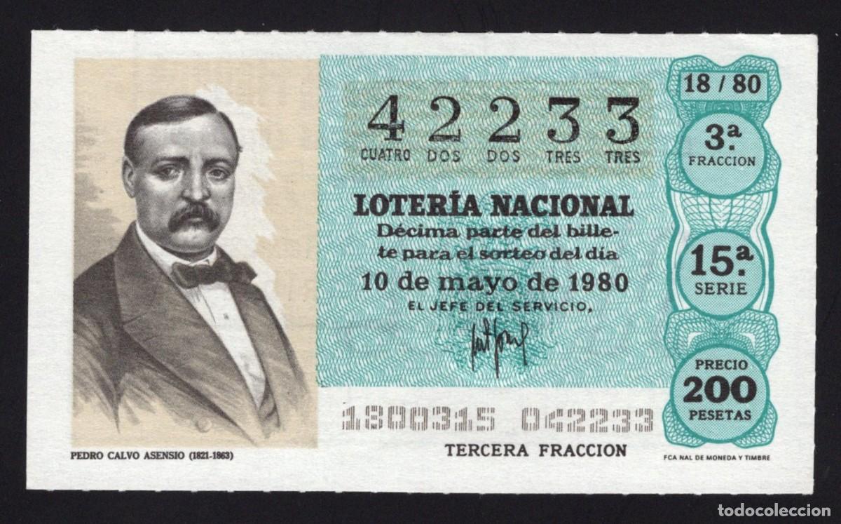 Loter&iacute;a nacional: L. Nacional 10 Mayo 1980. Pedro Calvo Asensio. N&ordm; 42233. Admon. Hna Do&ntilde;a Manolita. Madrid. Desaparec