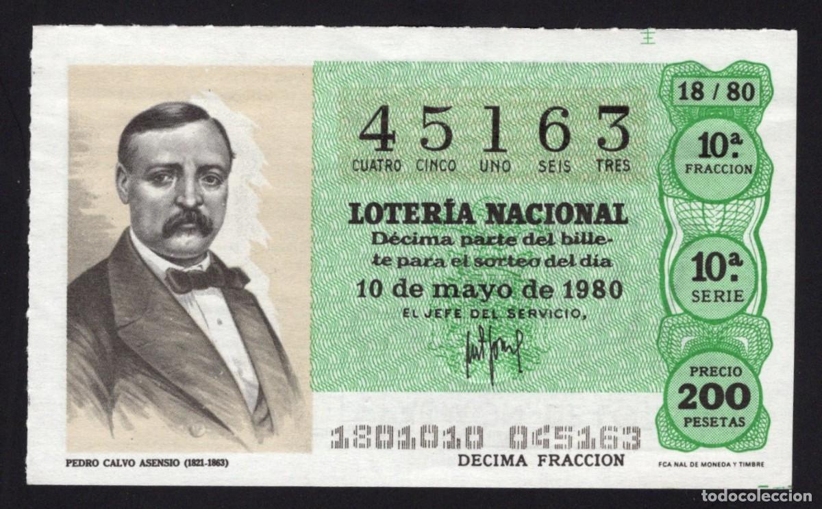 Loter&iacute;a nacional: L. Nacional 10 Mayo 1980. Pedro Calvo Asensio. N&ordm; 45163. Admon. n&ordm; 53. Madrid. Desaparecida.