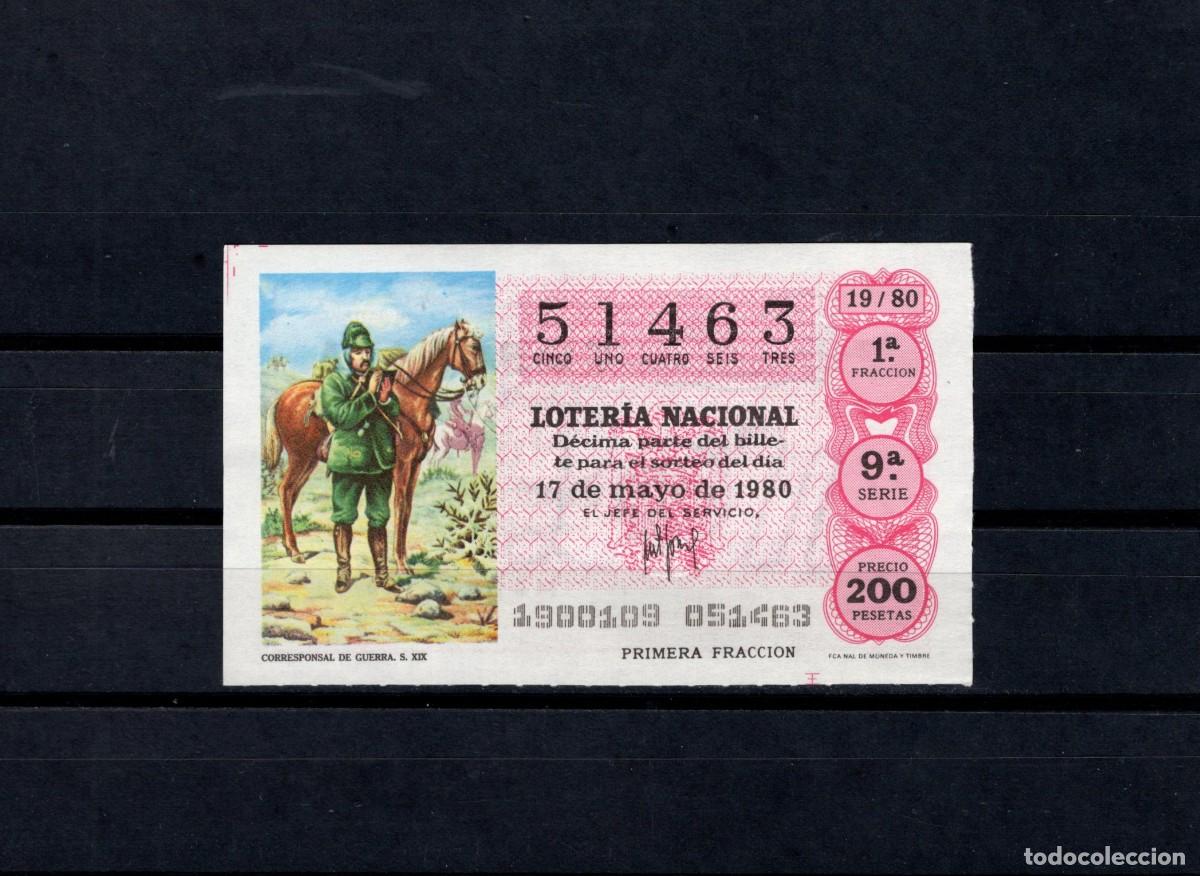 Loter&iacute;a nacional: L. Nacional 17 Mayo 1980. Corresponsal de Guerra. N&ordm; 51463. Admon 12 Conchita. Madrid. Desaparecida.