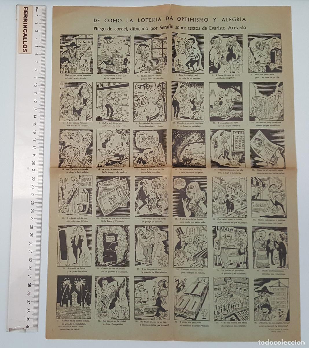 Loter&iacute;a nacional: AUCA DE COMO LA LOTER&Iacute;A DA OPTIMISMO Y ALEGR&Iacute;A, PLIEGO DE CORDEL DIBUJADO POR SERAFIN