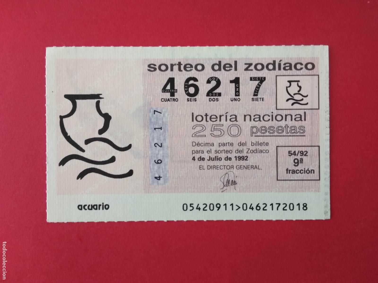 Loterie Nationale: DECIMO DE LOTERIA NACIONAL A&Ntilde;O 1992 SORTEO DEL ZODIACO N&ordm; 54 ACUARIO