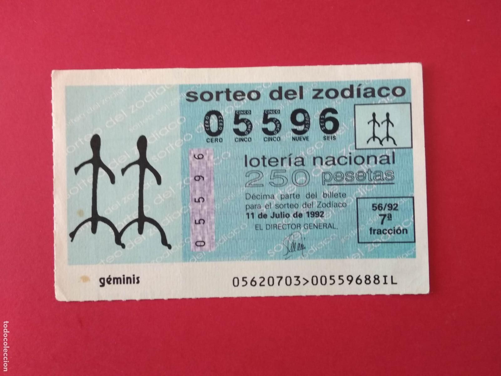 Loter&iacute;a nacional: DECIMO DE LOTERIA NACIONAL A&Ntilde;O 1992 SORTEO DEL ZODIACO N&ordm; 56 GEMINIS