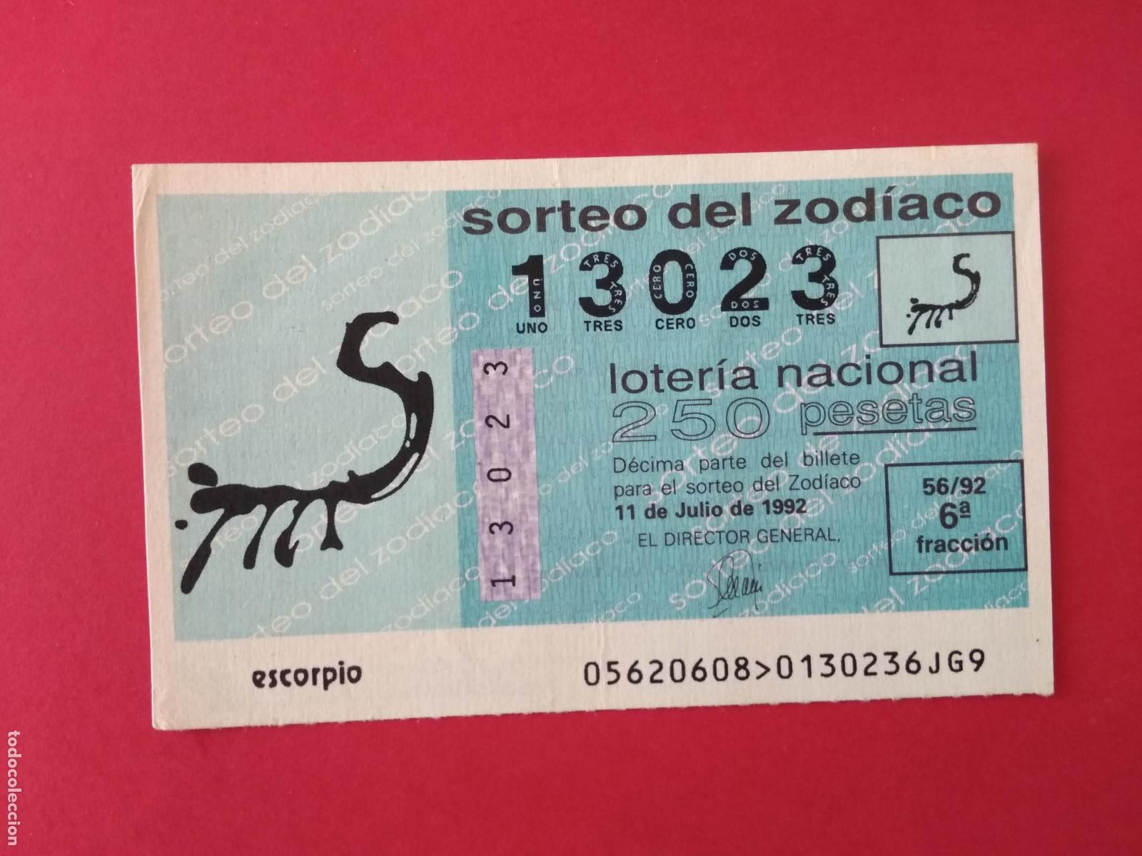 Loter&iacute;a nacional: DECIMO DE LOTERIA NACIONAL A&Ntilde;O 1992 SORTEO DEL ZODIACO N&ordm; 56 ESCORPIO