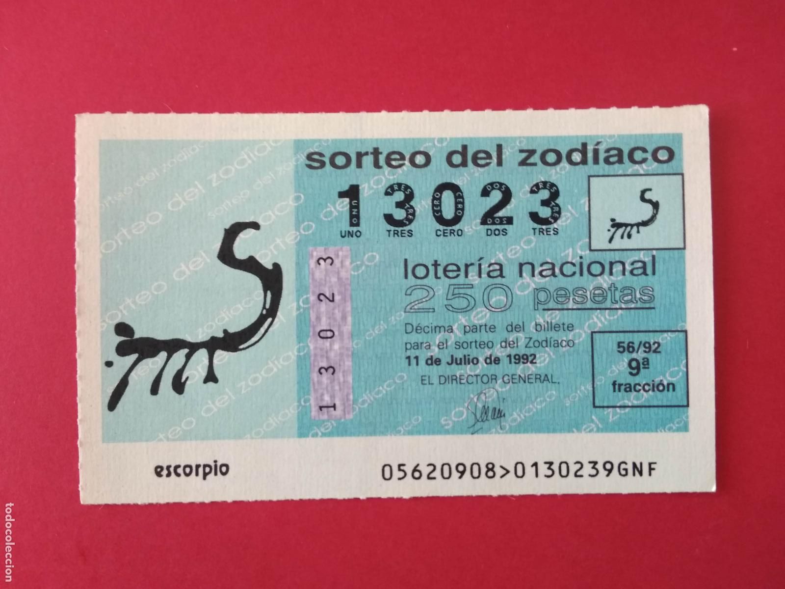 Loter&iacute;a nacional: DECIMO DE LOTERIA NACIONAL A&Ntilde;O 1992 SORTEO DEL ZODIACO N&ordm; 56 ESCORPIO