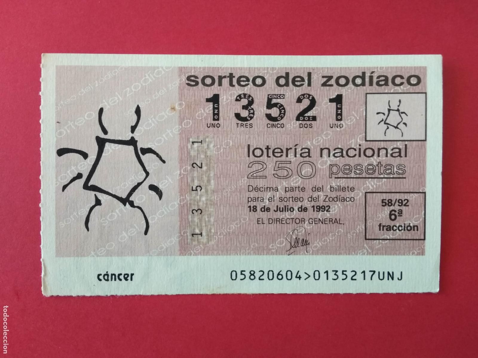 Loter&iacute;a nacional: DECIMO DE LOTERIA NACIONAL A&Ntilde;O 1992 SORTEO DEL ZODIACO N&ordm; 58 CANCER
