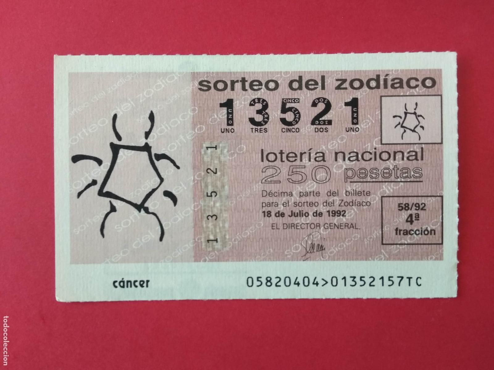 Loter&iacute;a nacional: DECIMO DE LOTERIA NACIONAL A&Ntilde;O 1992 SORTEO DEL ZODIACO N&ordm; 58 CANCER