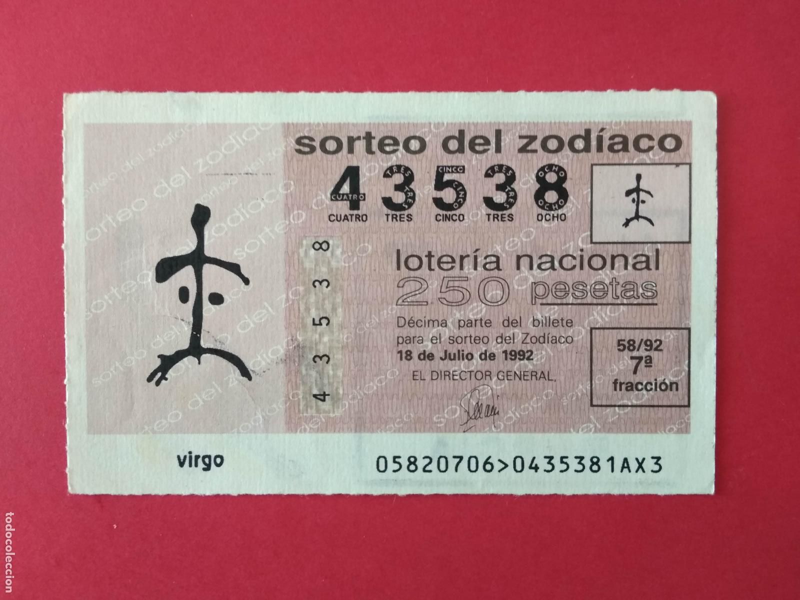 Loter&iacute;a nacional: DECIMO DE LOTERIA NACIONAL A&Ntilde;O 1992 SORTEO DEL ZODIACO N&ordm; 58 VIRGO