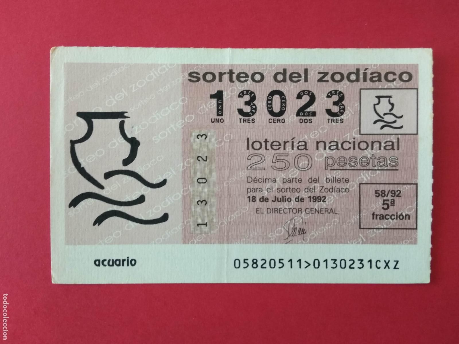 Loter&iacute;a nacional: DECIMO DE LOTERIA NACIONAL A&Ntilde;O 1992 SORTEO DEL ZODIACO N&ordm; 58 ACUARIO