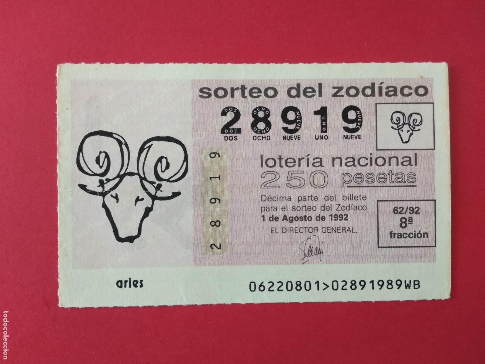 Lotteria Nationale Spagnola: DECIMO DE LOTERIA NACIONAL A&Ntilde;O 1992 SORTEO DEL ZODIACO N&ordm; 62 ARIES