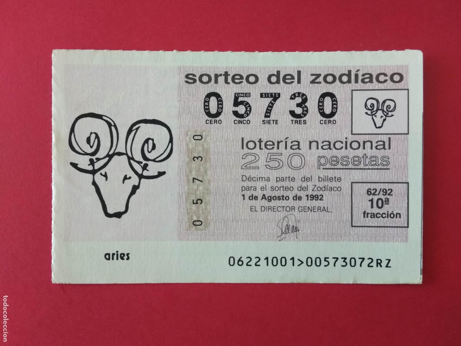 Lotteria Nationale Spagnola: DECIMO DE LOTERIA NACIONAL A&Ntilde;O 1992 SORTEO DEL ZODIACO N&ordm; 62 ARIES