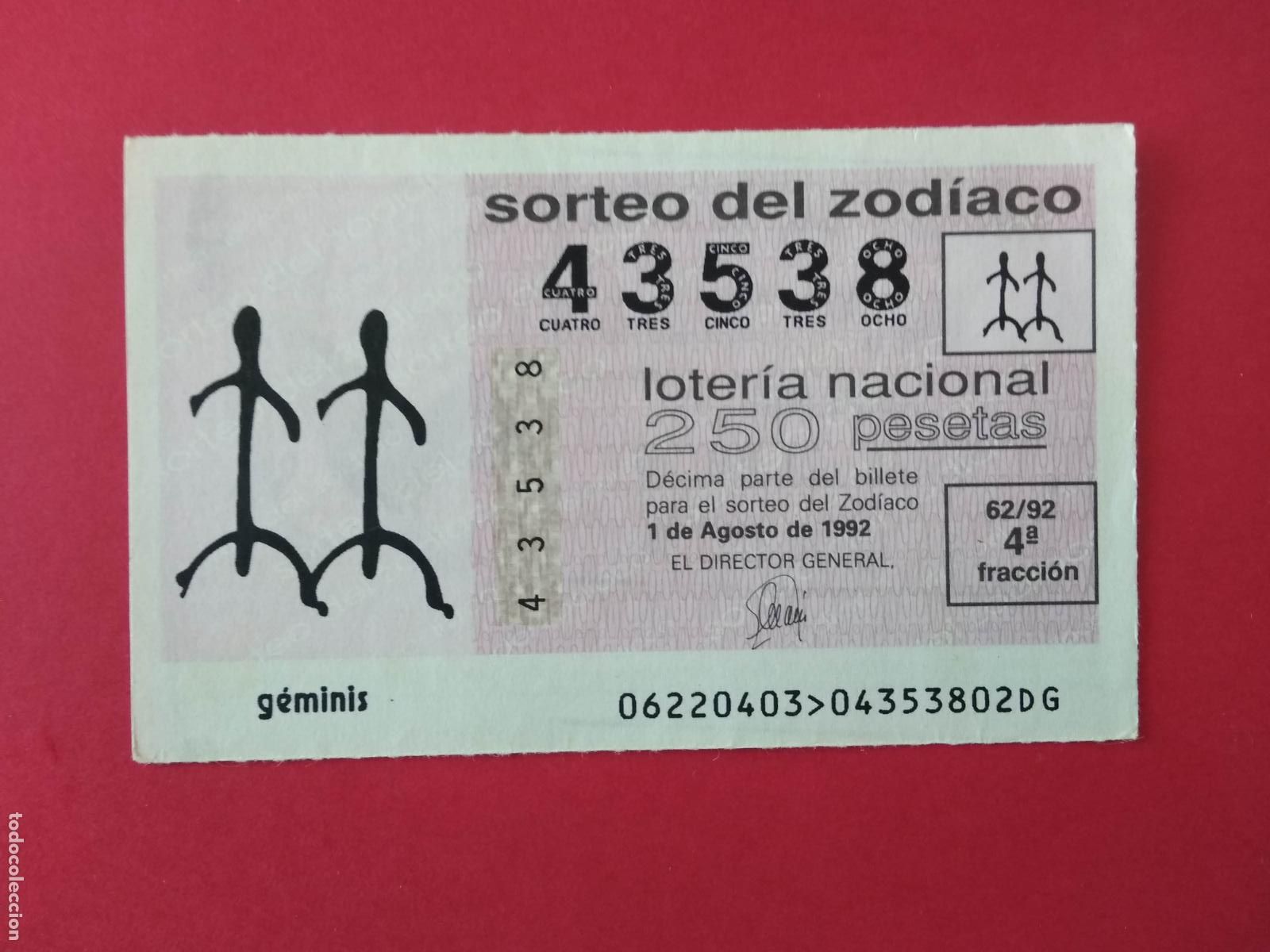 Lotteria Nationale Spagnola: DECIMO DE LOTERIA NACIONAL A&Ntilde;O 1992 SORTEO DEL ZODIACO N&ordm; 62 GEMINIS