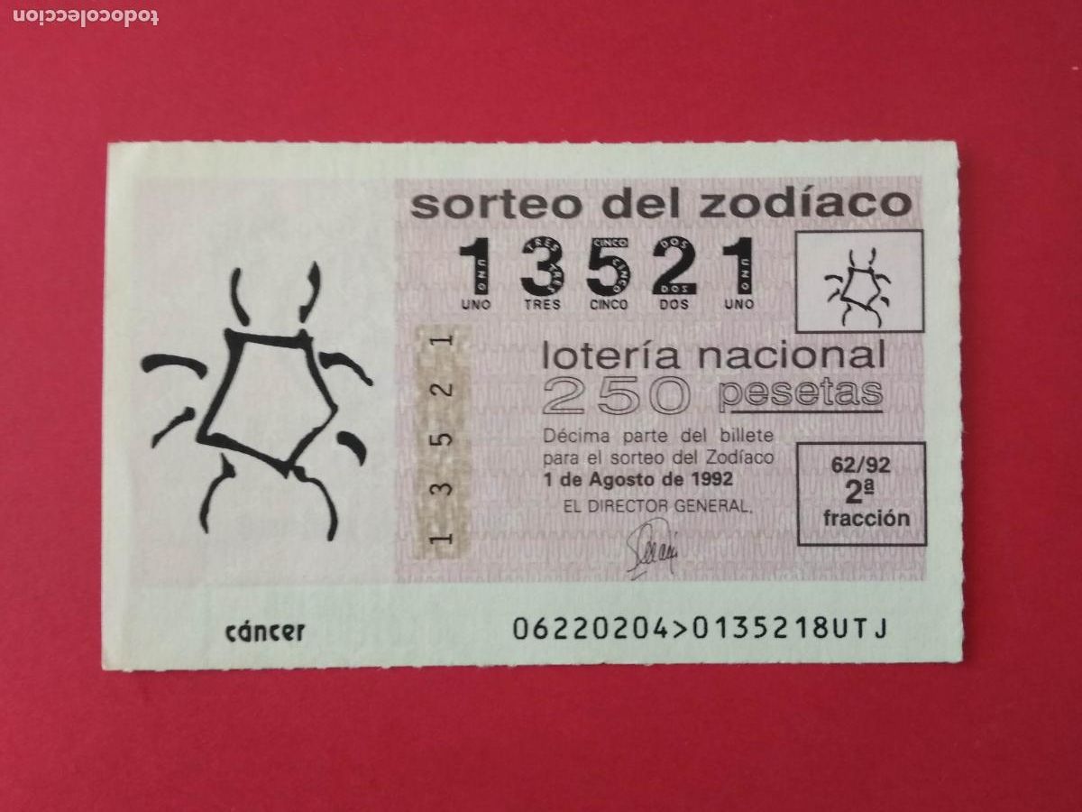 Lotteria Nationale Spagnola: DECIMO DE LOTERIA NACIONAL A&Ntilde;O 1992 SORTEO DEL ZODIACO N&ordm; 62 CANCER