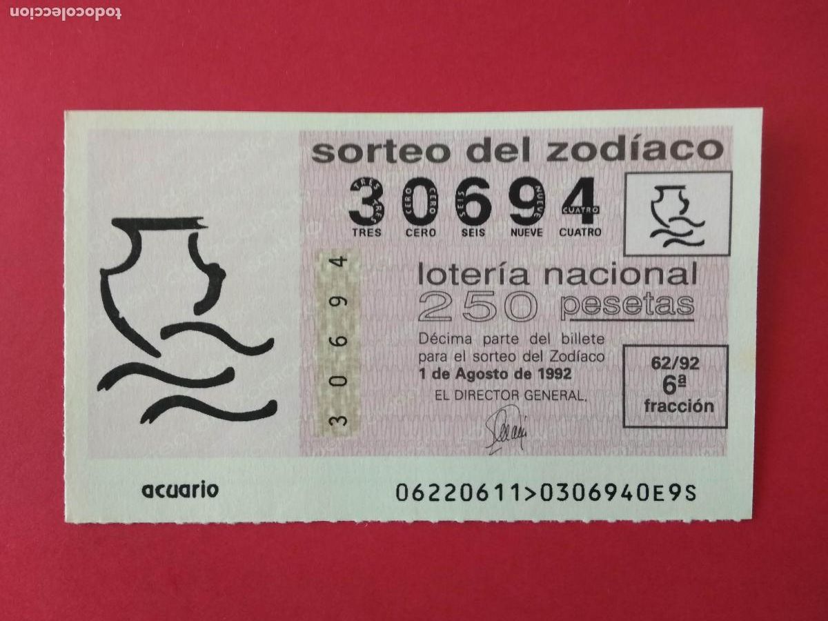 Lotteria Nationale Spagnola: DECIMO DE LOTERIA NACIONAL A&Ntilde;O 1992 SORTEO DEL ZODIACO N&ordm; 62 ACUARIO