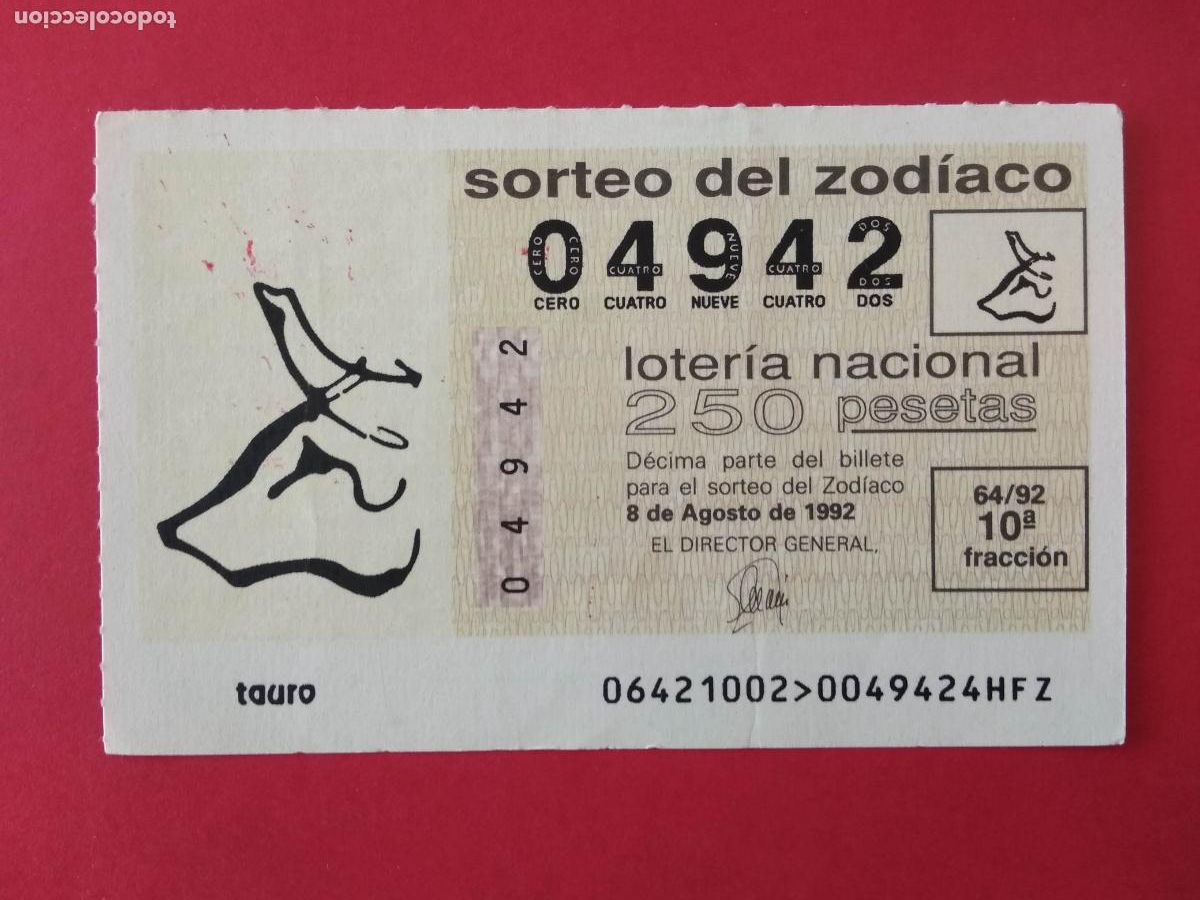 Lotteria Nationale Spagnola: DECIMO DE LOTERIA NACIONAL A&Ntilde;O 1992 SORTEO DEL ZODIACO N&ordm; 64 TAURO