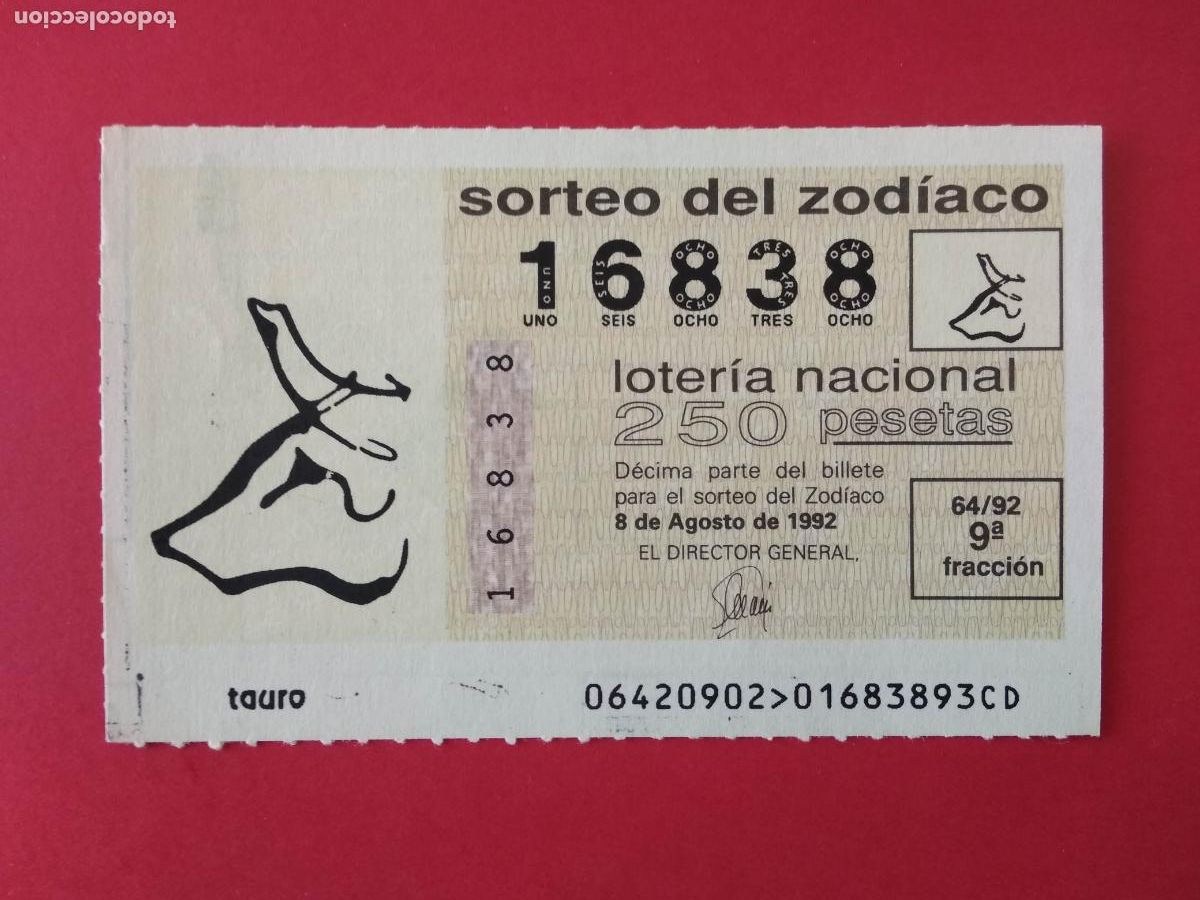 Lotteria Nationale Spagnola: DECIMO DE LOTERIA NACIONAL A&Ntilde;O 1992 SORTEO DEL ZODIACO N&ordm; 64 TAURO