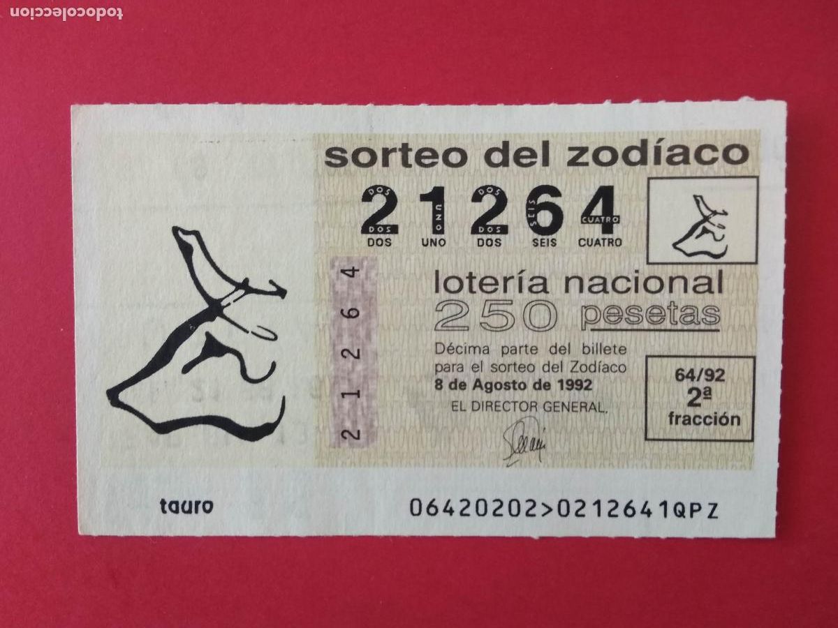 Lotteria Nationale Spagnola: DECIMO DE LOTERIA NACIONAL A&Ntilde;O 1992 SORTEO DEL ZODIACO N&ordm; 64 TAURO