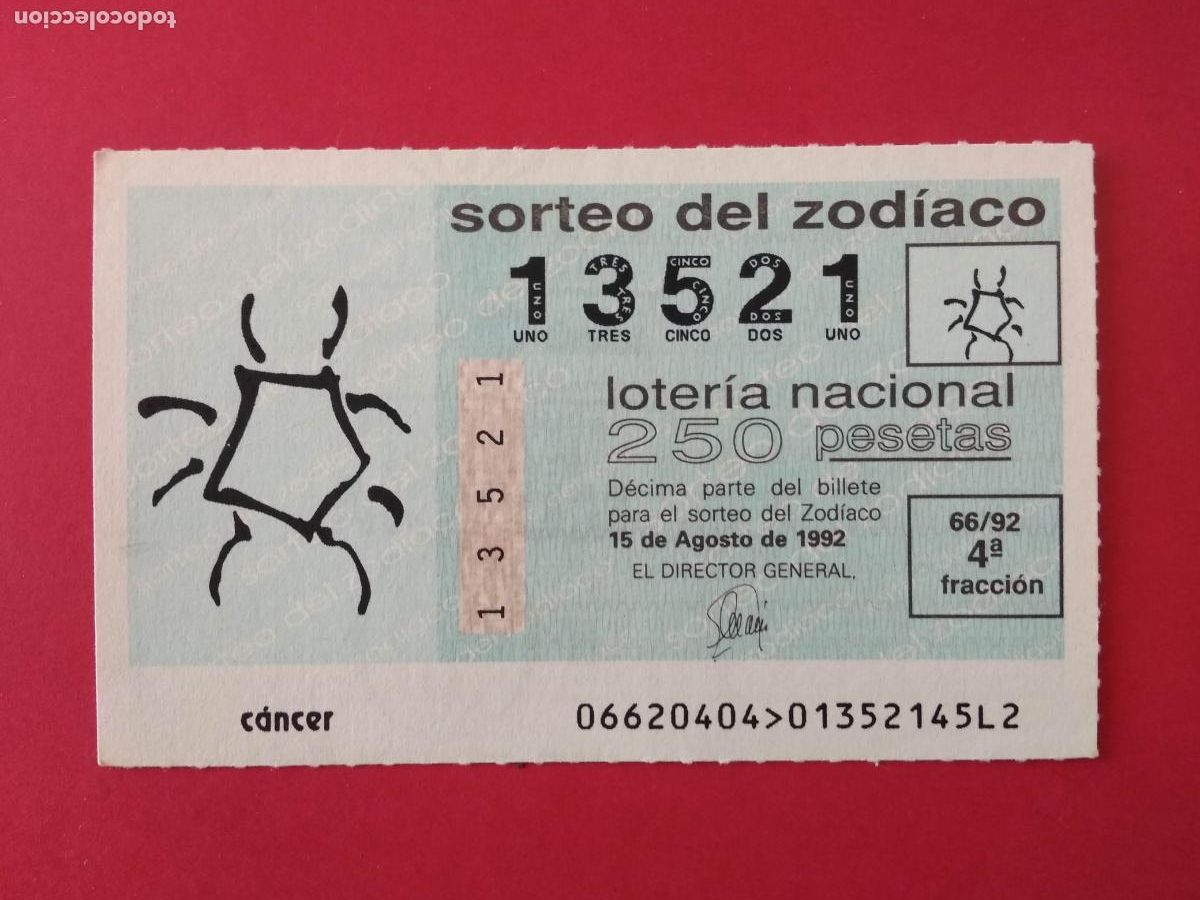 Lotteria Nationale Spagnola: DECIMO DE LOTERIA NACIONAL A&Ntilde;O 1992 SORTEO DEL ZODIACO N&ordm; 66 CANCER