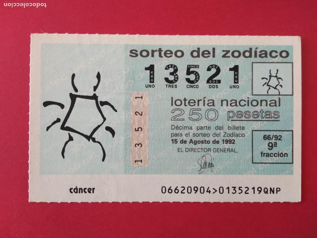 Loter&iacute;a nacional: DECIMO DE LOTERIA NACIONAL A&Ntilde;O 1992 SORTEO DEL ZODIACO N&ordm; 66 CANCER