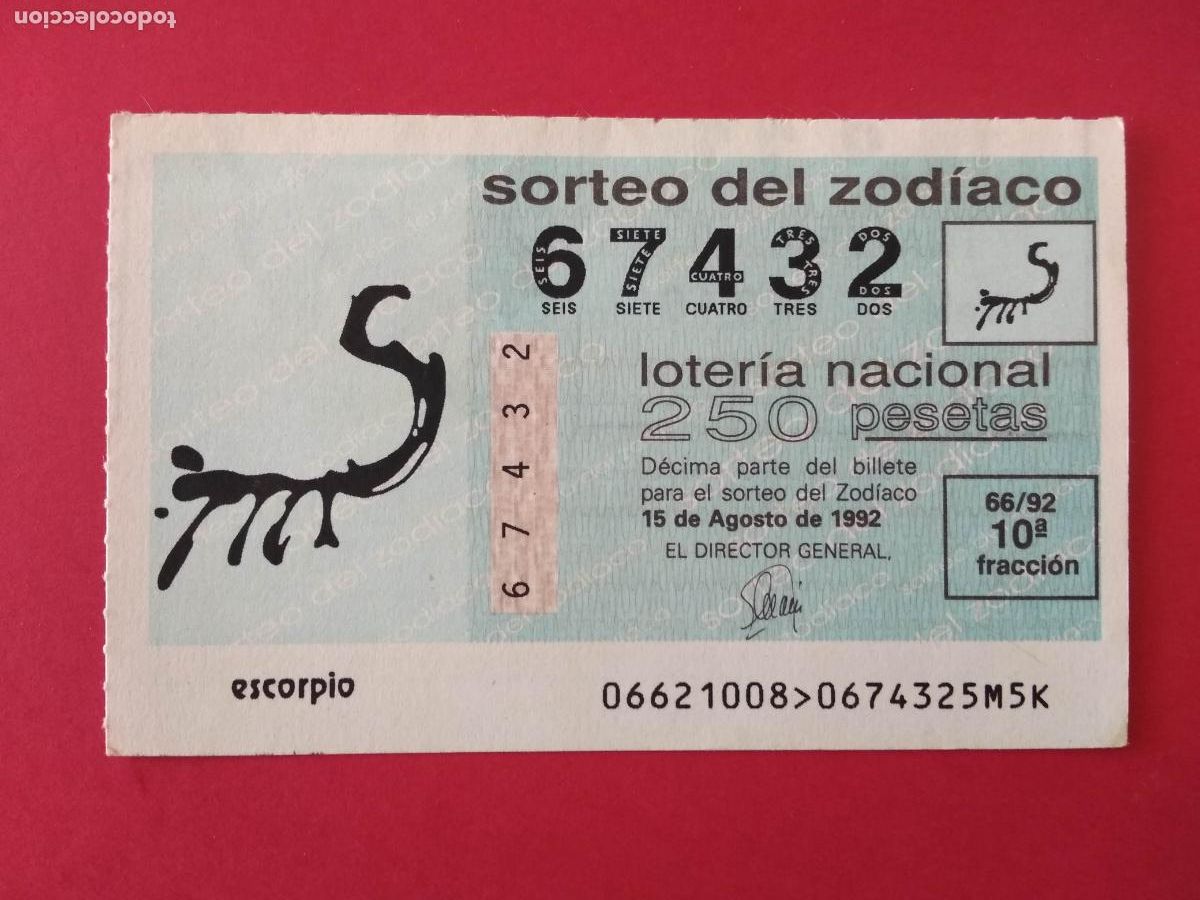 Loter&iacute;a nacional: DECIMO DE LOTERIA NACIONAL A&Ntilde;O 1992 SORTEO DEL ZODIACO N&ordm; 66 ESCORPIO