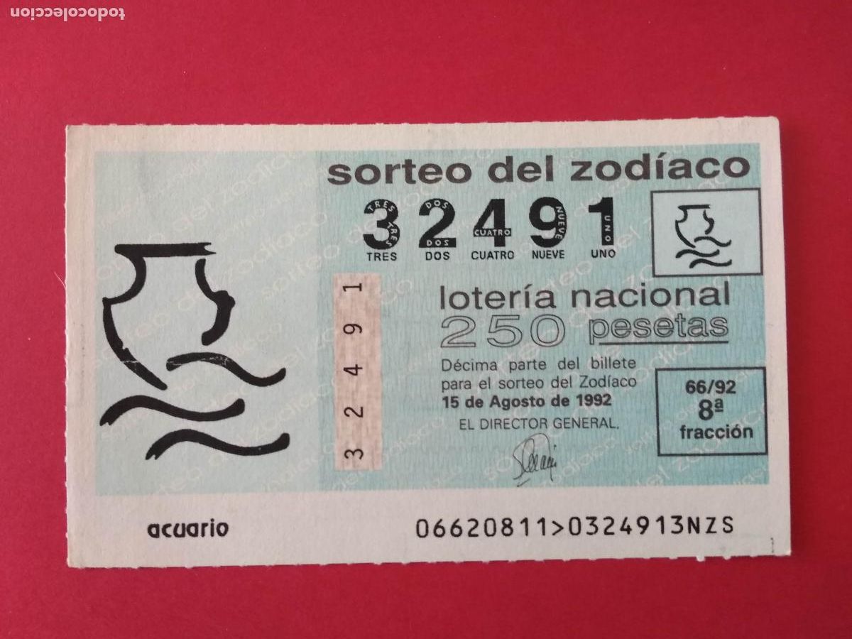 Loter&iacute;a nacional: DECIMO DE LOTERIA NACIONAL A&Ntilde;O 1992 SORTEO DEL ZODIACO N&ordm; 66 ACUARIO