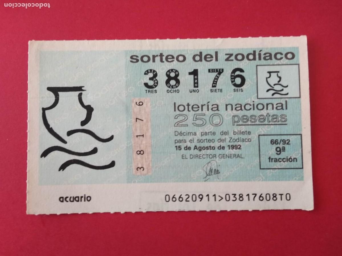 Loter&iacute;a nacional: DECIMO DE LOTERIA NACIONAL A&Ntilde;O 1992 SORTEO DEL ZODIACO N&ordm; 66 ACUARIO
