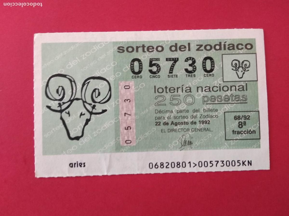 Loter&iacute;a nacional: DECIMO DE LOTERIA NACIONAL A&Ntilde;O 1992 SORTEO DEL ZODIACO N&ordm; 68 ARIES