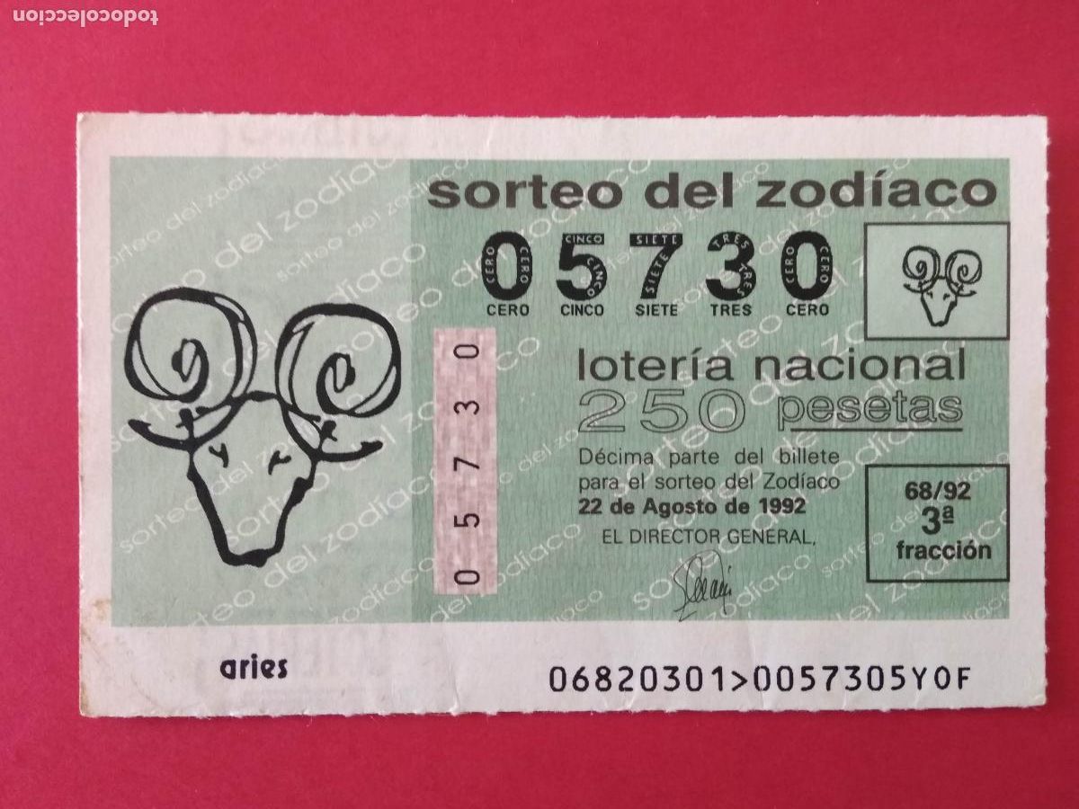 Loter&iacute;a nacional: DECIMO DE LOTERIA NACIONAL A&Ntilde;O 1992 SORTEO DEL ZODIACO N&ordm; 68 ARIES