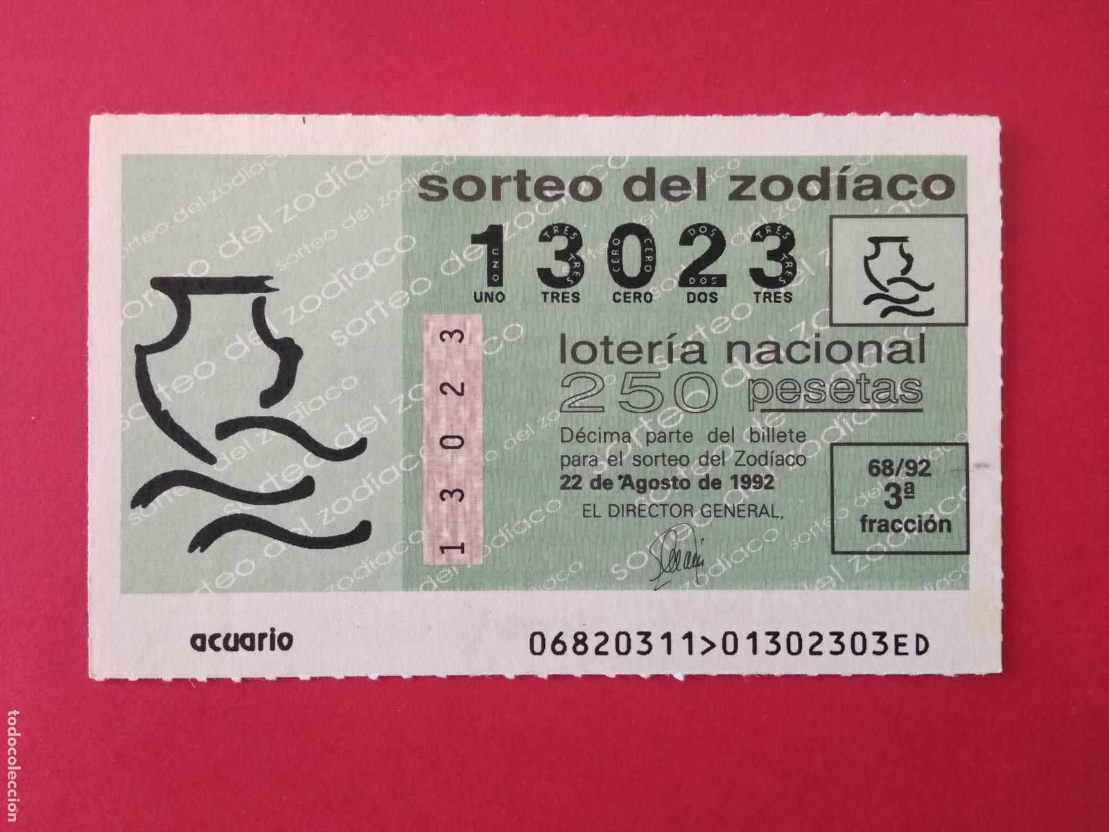 Loter&iacute;a nacional: DECIMO DE LOTERIA NACIONAL A&Ntilde;O 1992 SORTEO DEL ZODIACO N&ordm; 68 ACUARIO
