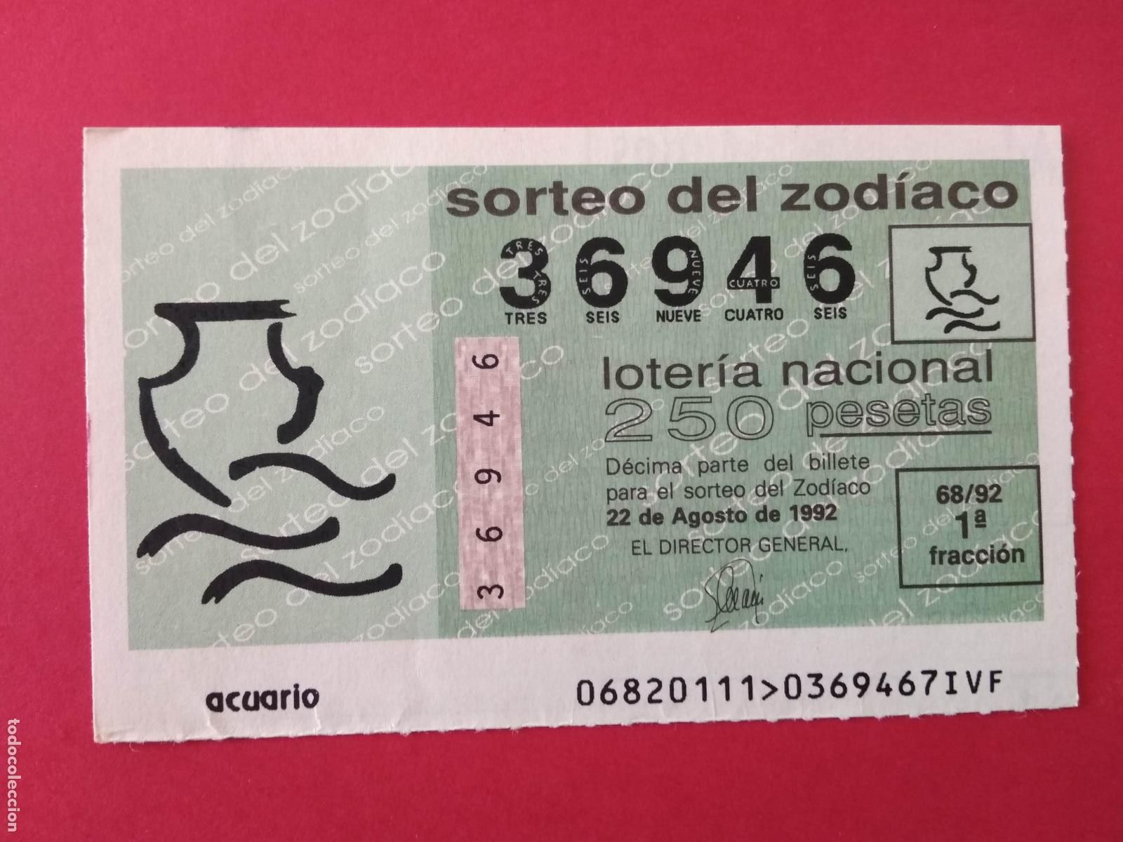 Loter&iacute;a nacional: DECIMO DE LOTERIA NACIONAL A&Ntilde;O 1992 SORTEO DEL ZODIACO N&ordm; 68 ACUARIO