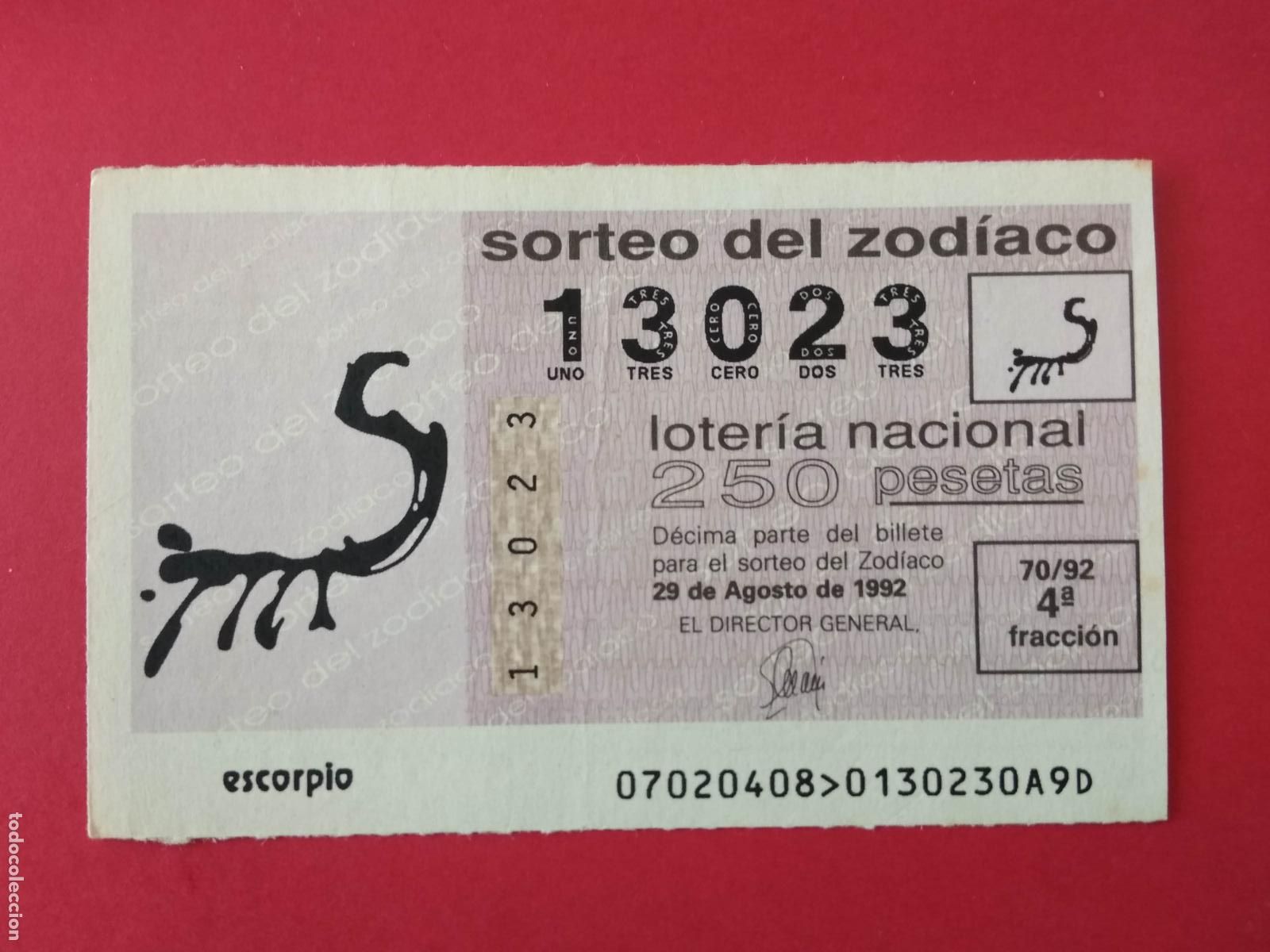 Loter&iacute;a nacional: DECIMO DE LOTERIA NACIONAL A&Ntilde;O 1992 SORTEO DEL ZODIACO N&ordm; 70 ESCORPIO