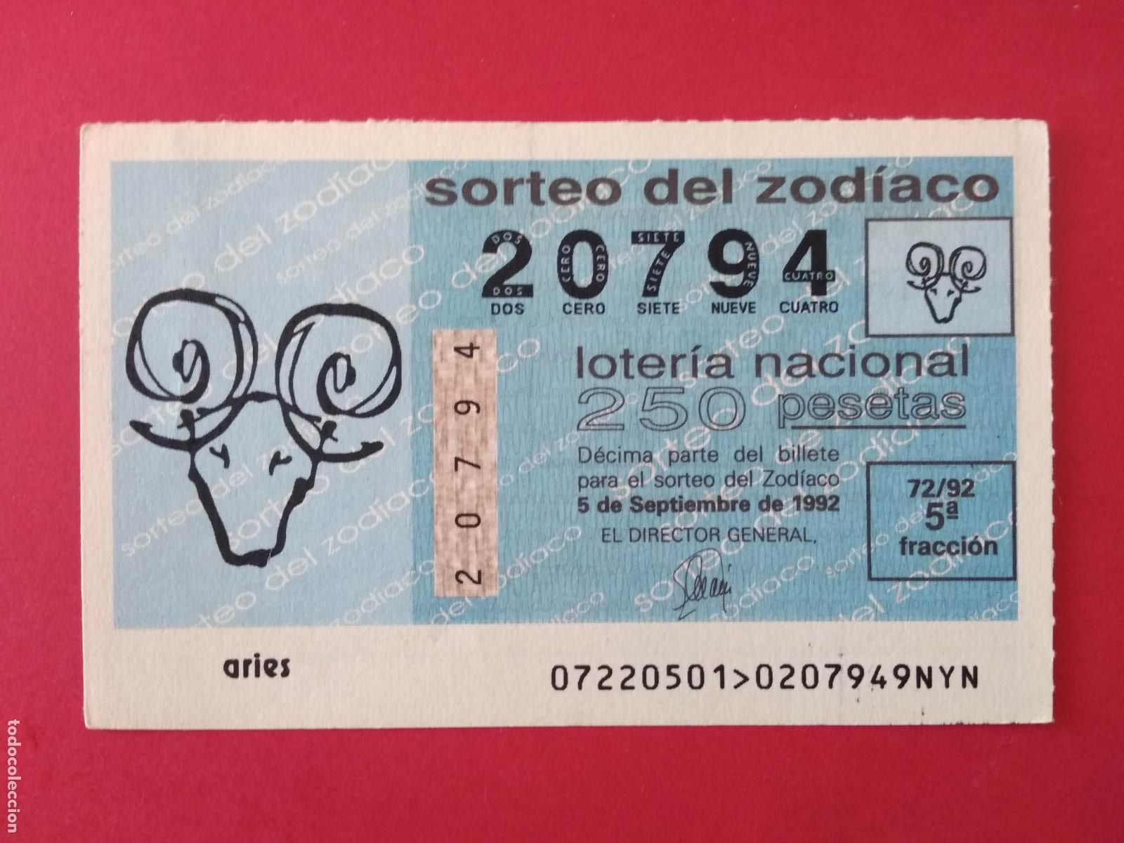 Loter&iacute;a nacional: DECIMO DE LOTERIA NACIONAL A&Ntilde;O 1992 SORTEO DEL ZODIACO N&ordm; 72 ARIES