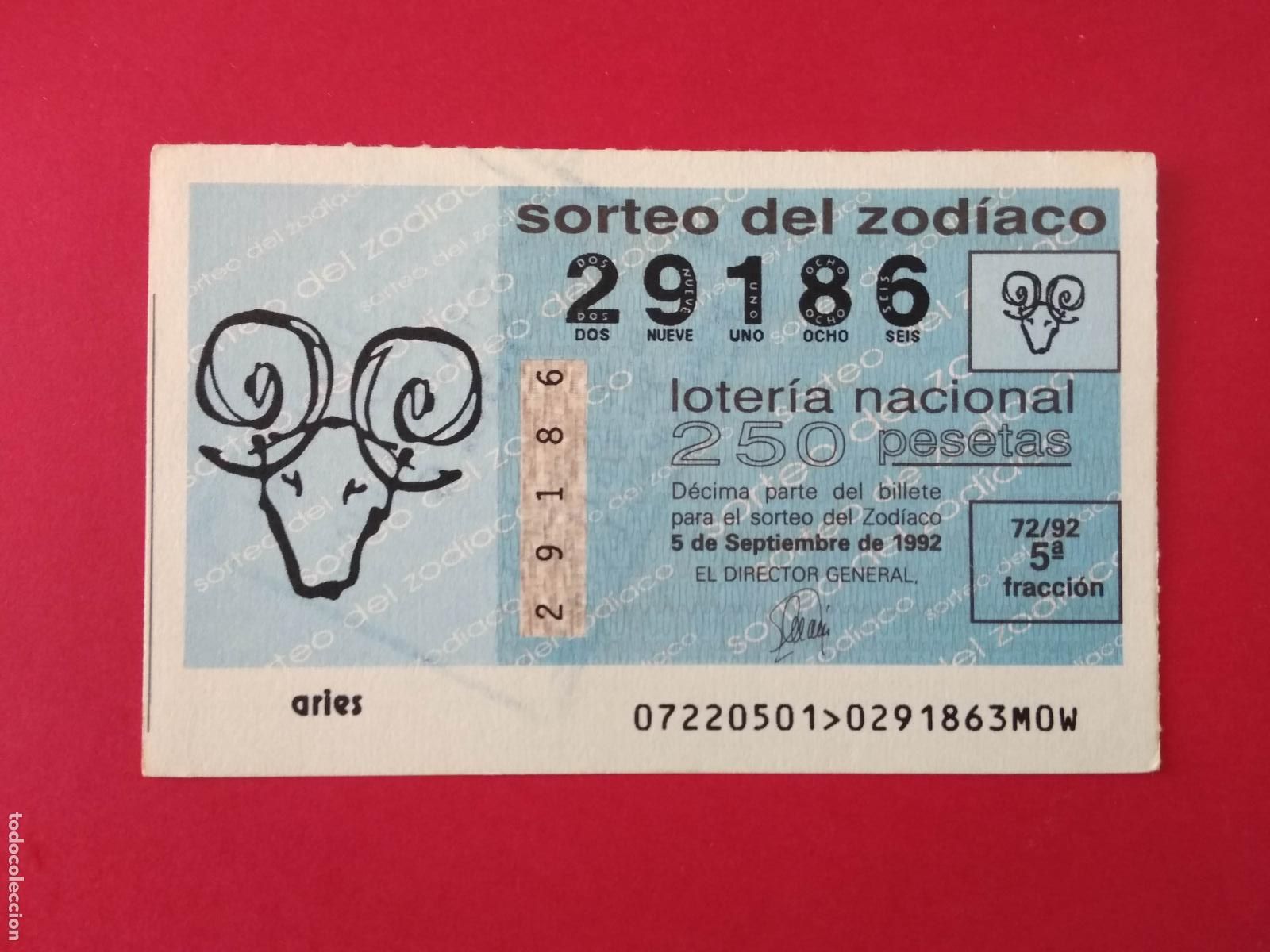 Loter&iacute;a nacional: DECIMO DE LOTERIA NACIONAL A&Ntilde;O 1992 SORTEO DEL ZODIACO N&ordm; 72 ARIES