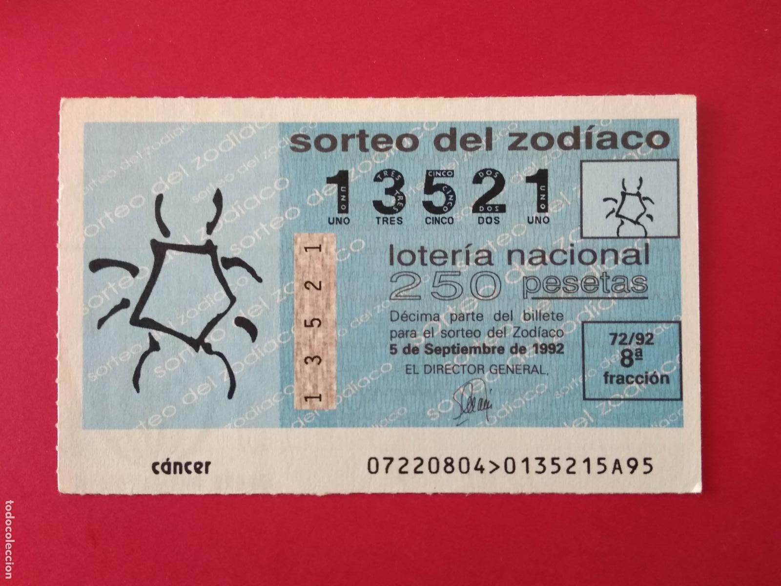 Loter&iacute;a nacional: DECIMO DE LOTERIA NACIONAL A&Ntilde;O 1992 SORTEO DEL ZODIACO N&ordm; 72 CANCER