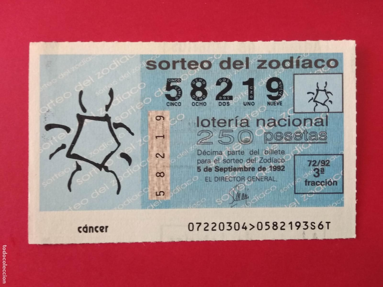 Loter&iacute;a nacional: DECIMO DE LOTERIA NACIONAL A&Ntilde;O 1992 SORTEO DEL ZODIACO N&ordm; 72 CANCER