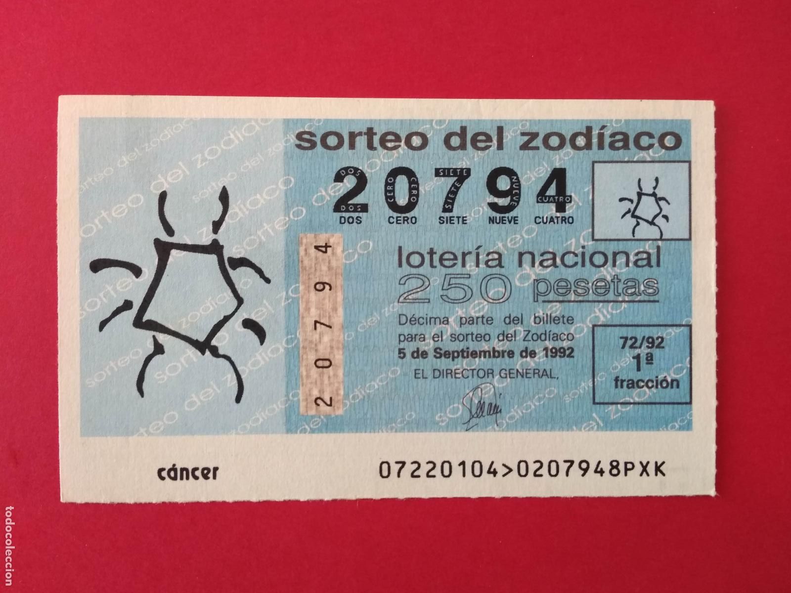 Loter&iacute;a nacional: DECIMO DE LOTERIA NACIONAL A&Ntilde;O 1992 SORTEO DEL ZODIACO N&ordm; 72 CANCER