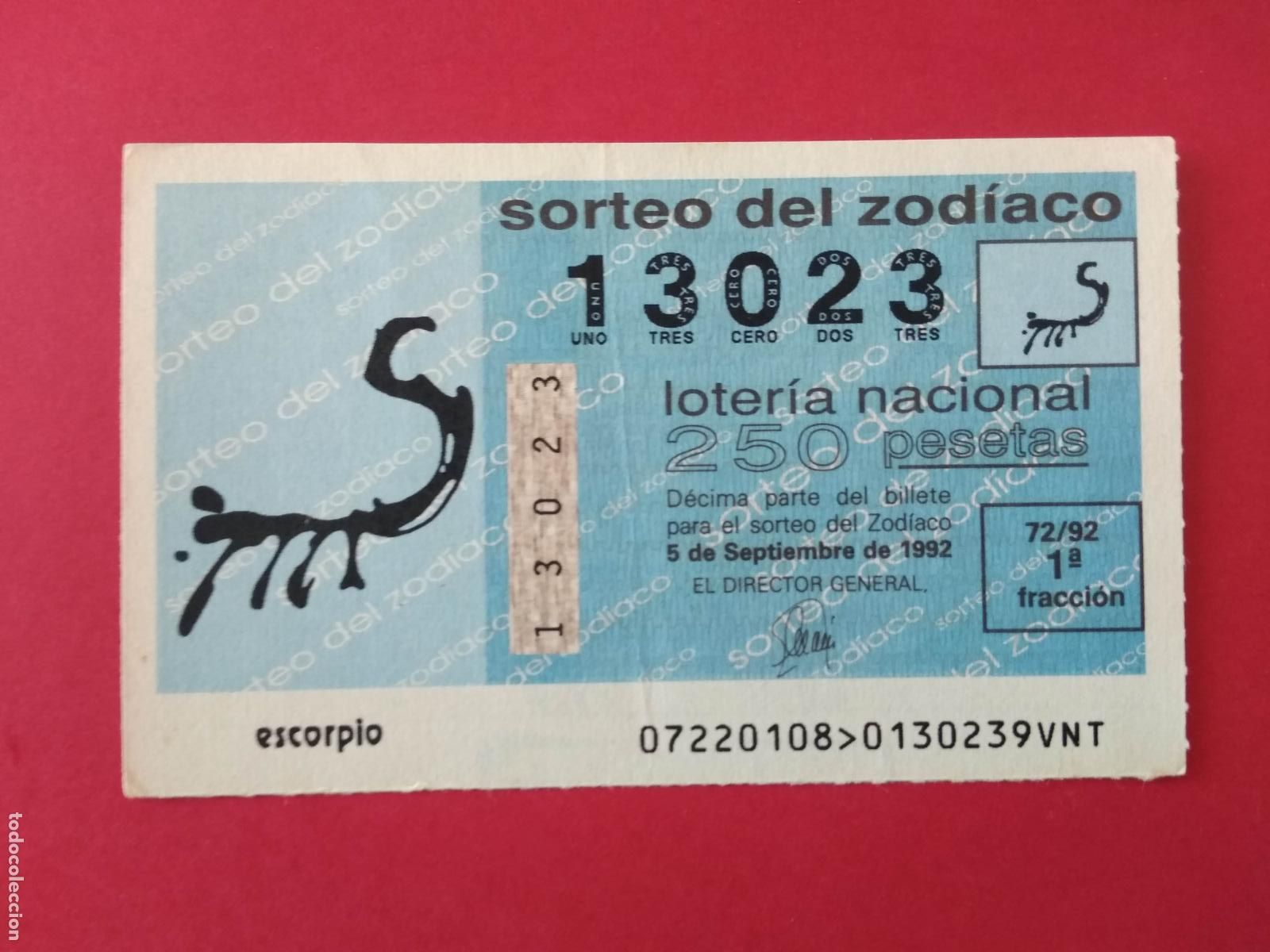 Loter&iacute;a nacional: DECIMO DE LOTERIA NACIONAL A&Ntilde;O 1992 SORTEO DEL ZODIACO N&ordm; 72 ESCORPIO