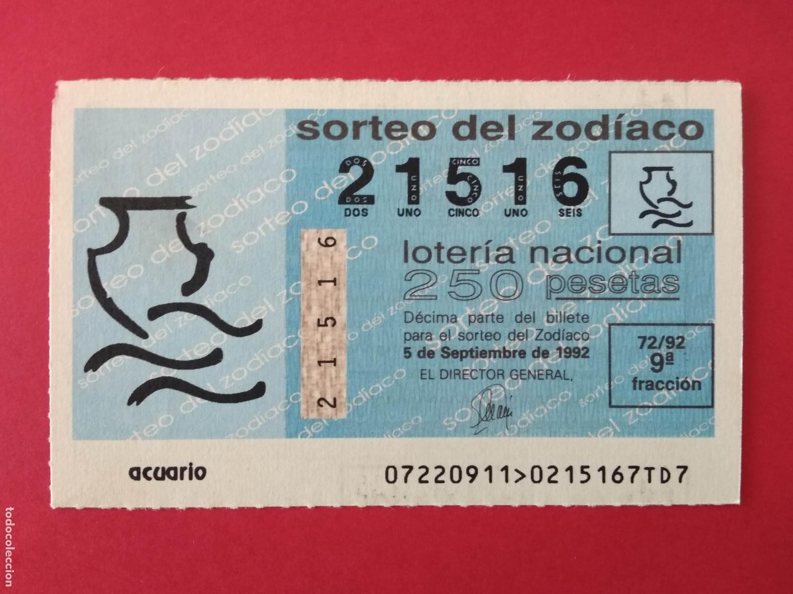 Loter&iacute;a nacional: DECIMO DE LOTERIA NACIONAL A&Ntilde;O 1992 SORTEO DEL ZODIACO N&ordm; 72 ACUARIO