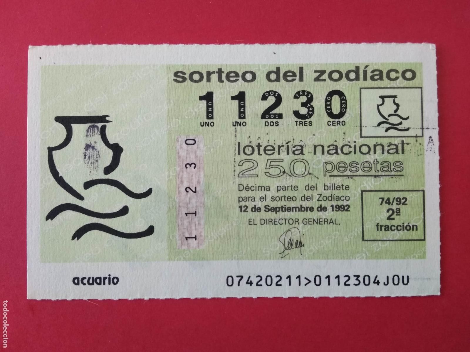 Loter&iacute;a nacional: DECIMO DE LOTERIA NACIONAL A&Ntilde;O 1992 SORTEO DEL ZODIACO N&ordm; 74 ACUARIO
