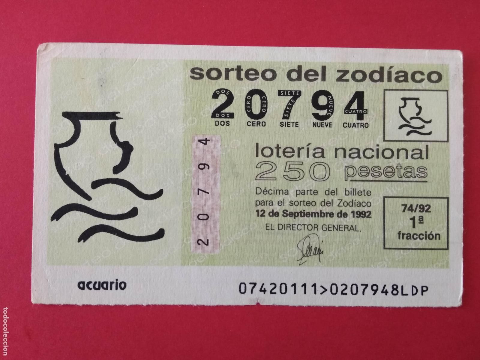 Loter&iacute;a nacional: DECIMO DE LOTERIA NACIONAL A&Ntilde;O 1992 SORTEO DEL ZODIACO N&ordm; 74 ACUARIO